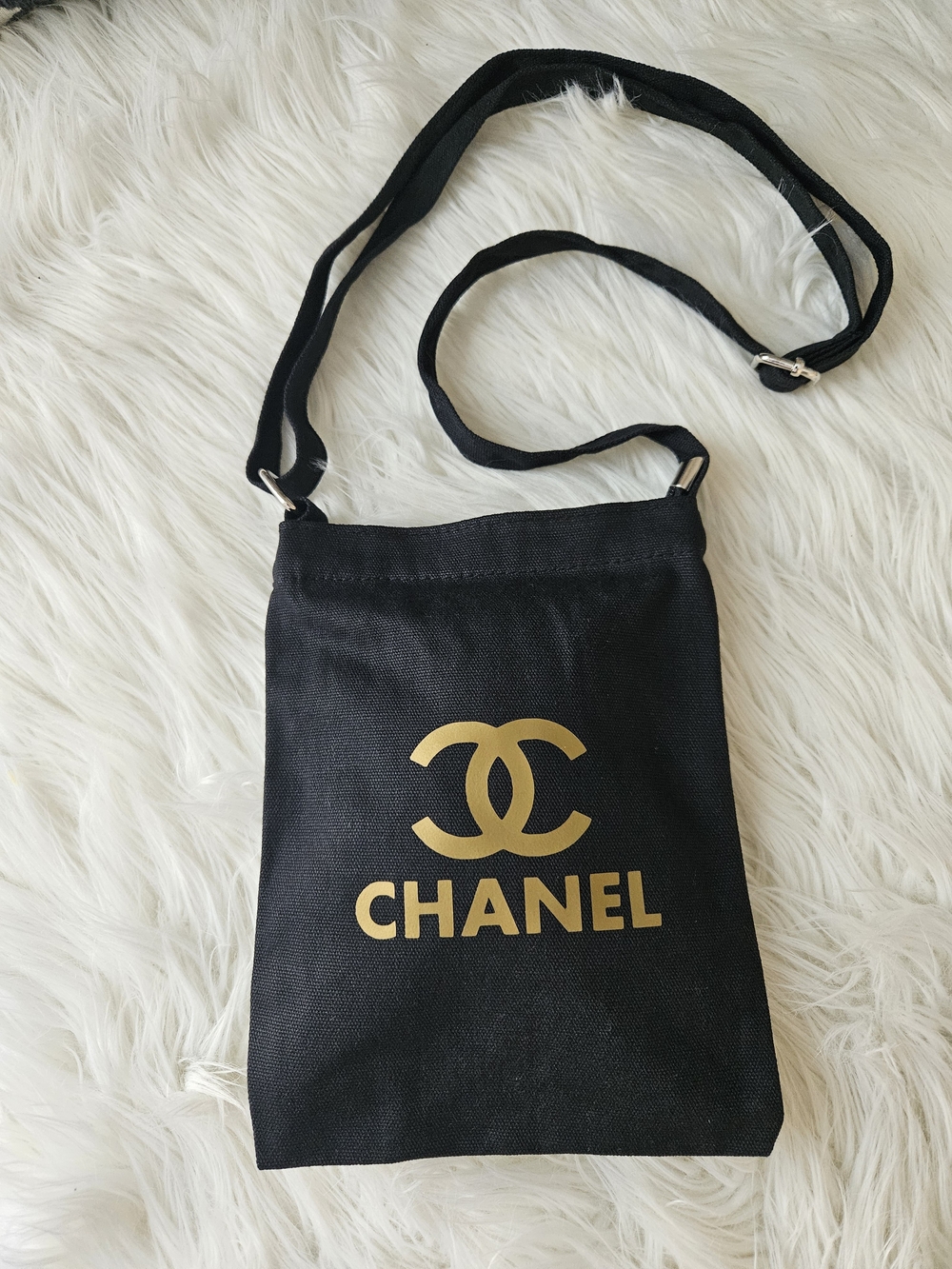 Black Crossbody Bag with Gold Print